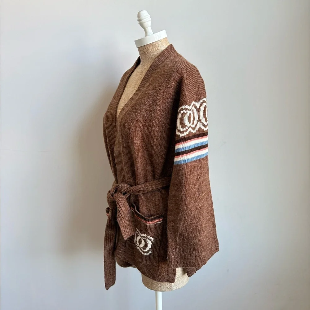 Vintage Ades of California Brown Knit Belted Cardigan Sweater Medium - Picture 6 of 11
